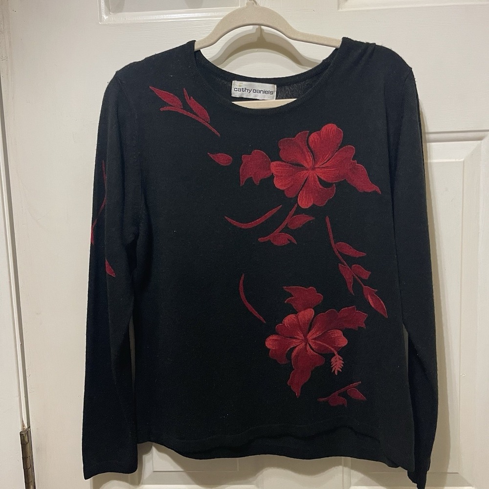 Cathy Daniels Women Sweater Medium Black Floral 100% Acrylic Regular Pulllover